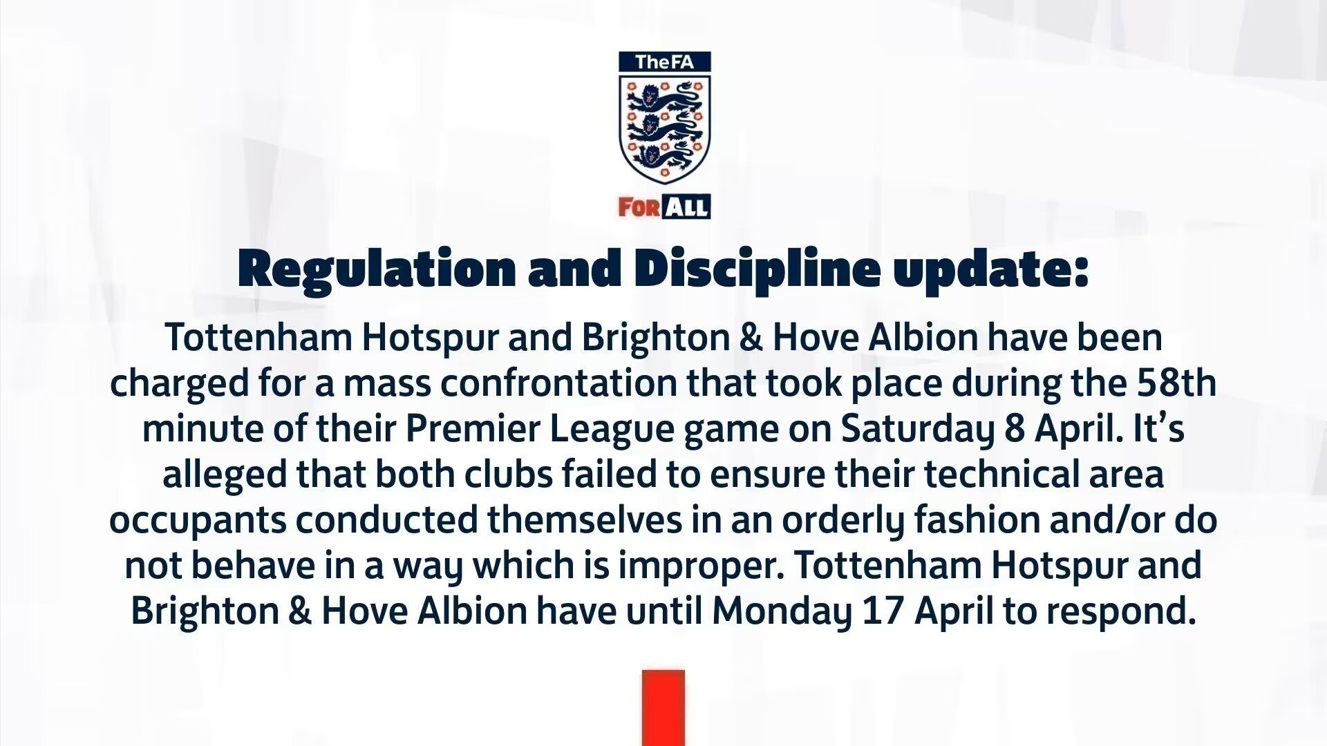 官方：因教练组爆发大规模冲突，英足总向热刺和布莱顿提起指控