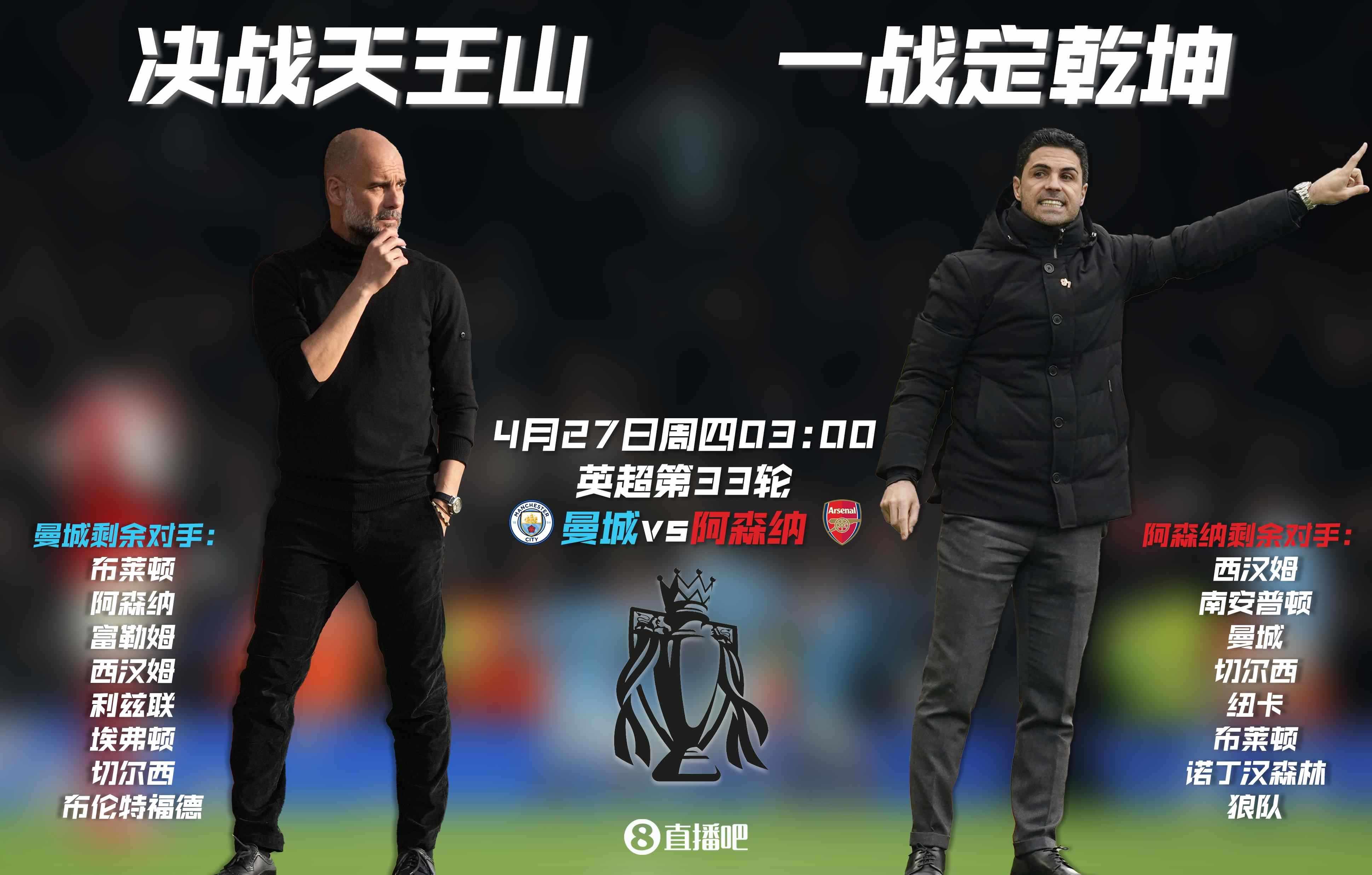 同赛30轮差3分！阿森纳曼城剩余赛程：4月27日天王山之战