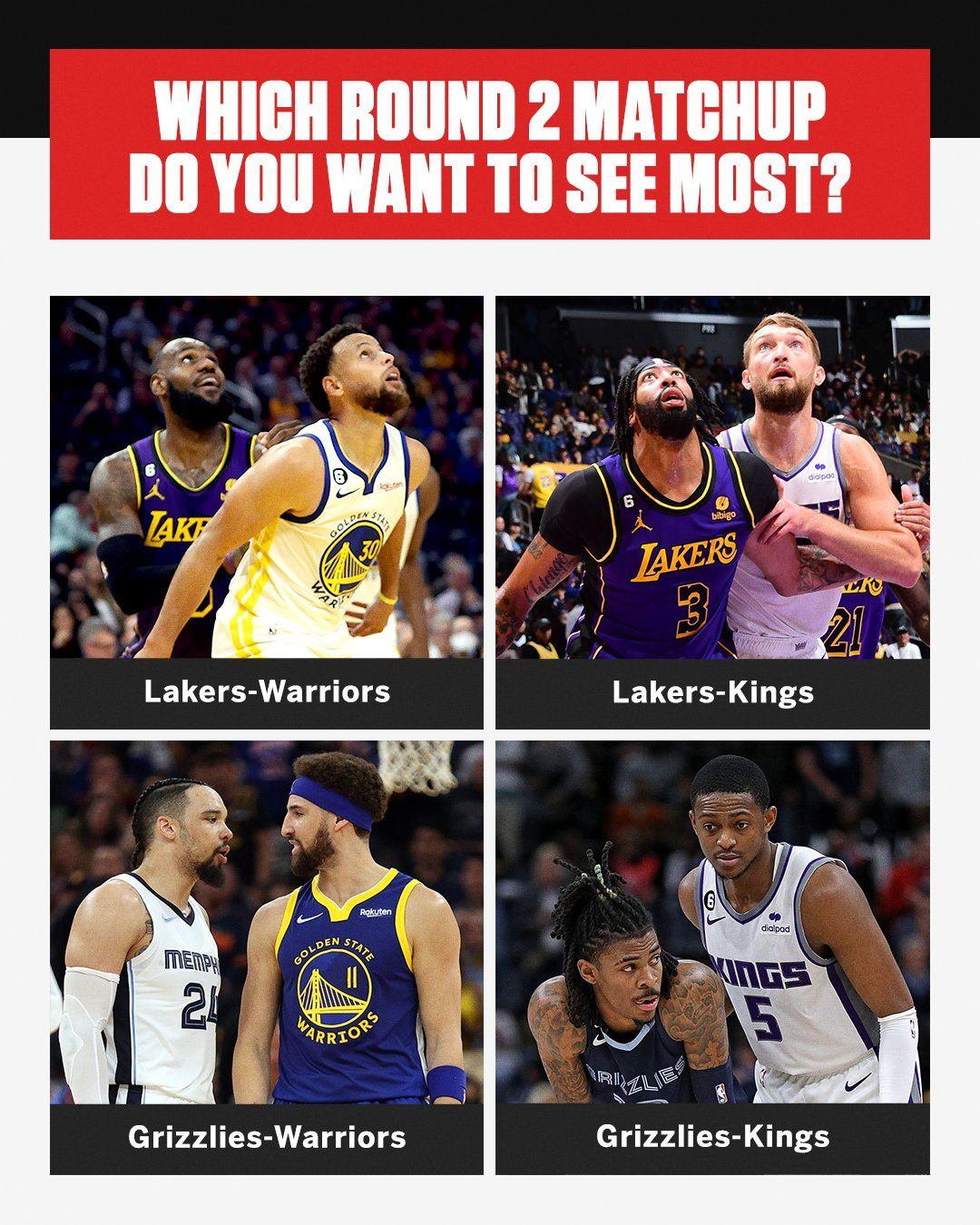 4选1！你最想在第二轮看到哪组对决——湖勇大战？灰熊vs勇士？