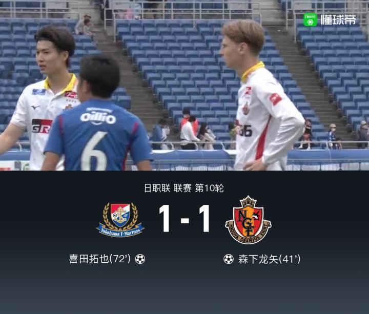 横滨水手1-1名古屋鲸鱼，主场四连胜被终结，喜田拓也建功