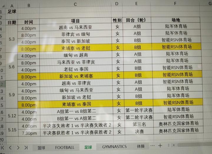 东南亚运动会女足比赛赛程