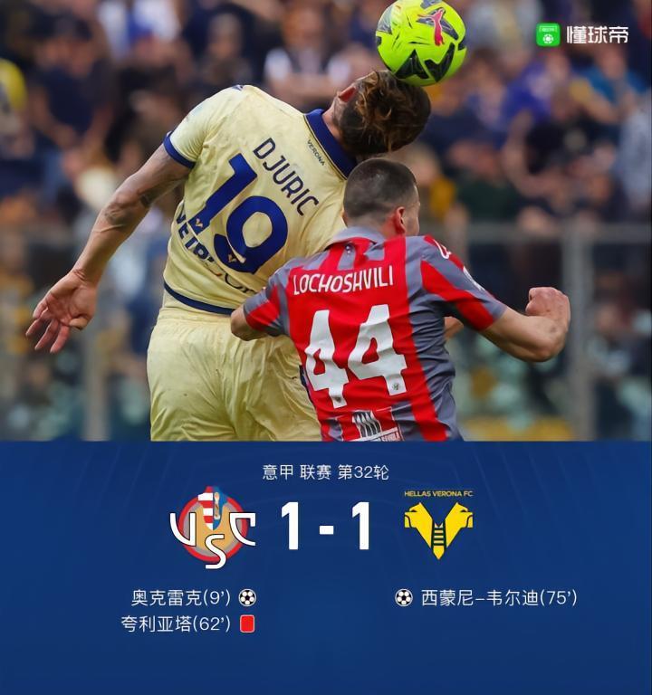 十人克雷莫内塞1-1维罗纳，韦尔迪抽射破门，奥克雷克建功