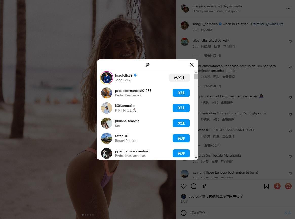 给女友点个赞很正常吧女友马奎晒沙滩泳装照 菲利克斯点赞