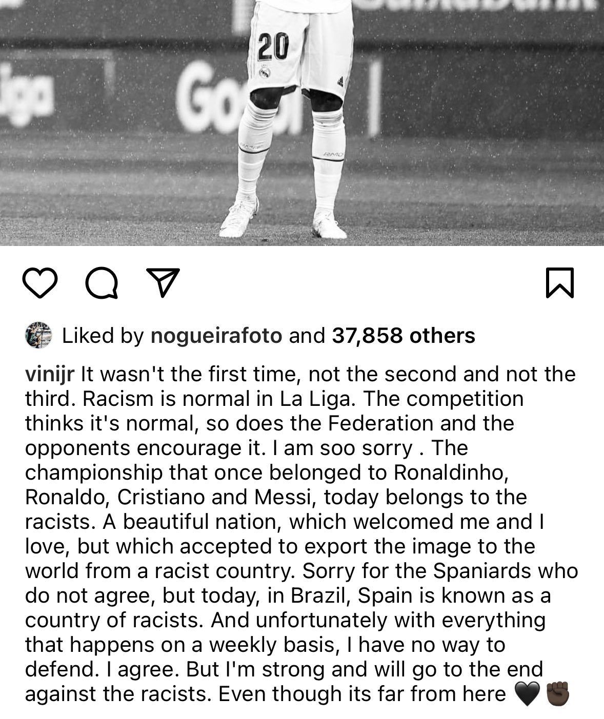 维尼修斯再发文：西班牙已等同种族主义国家 我将奋战到底