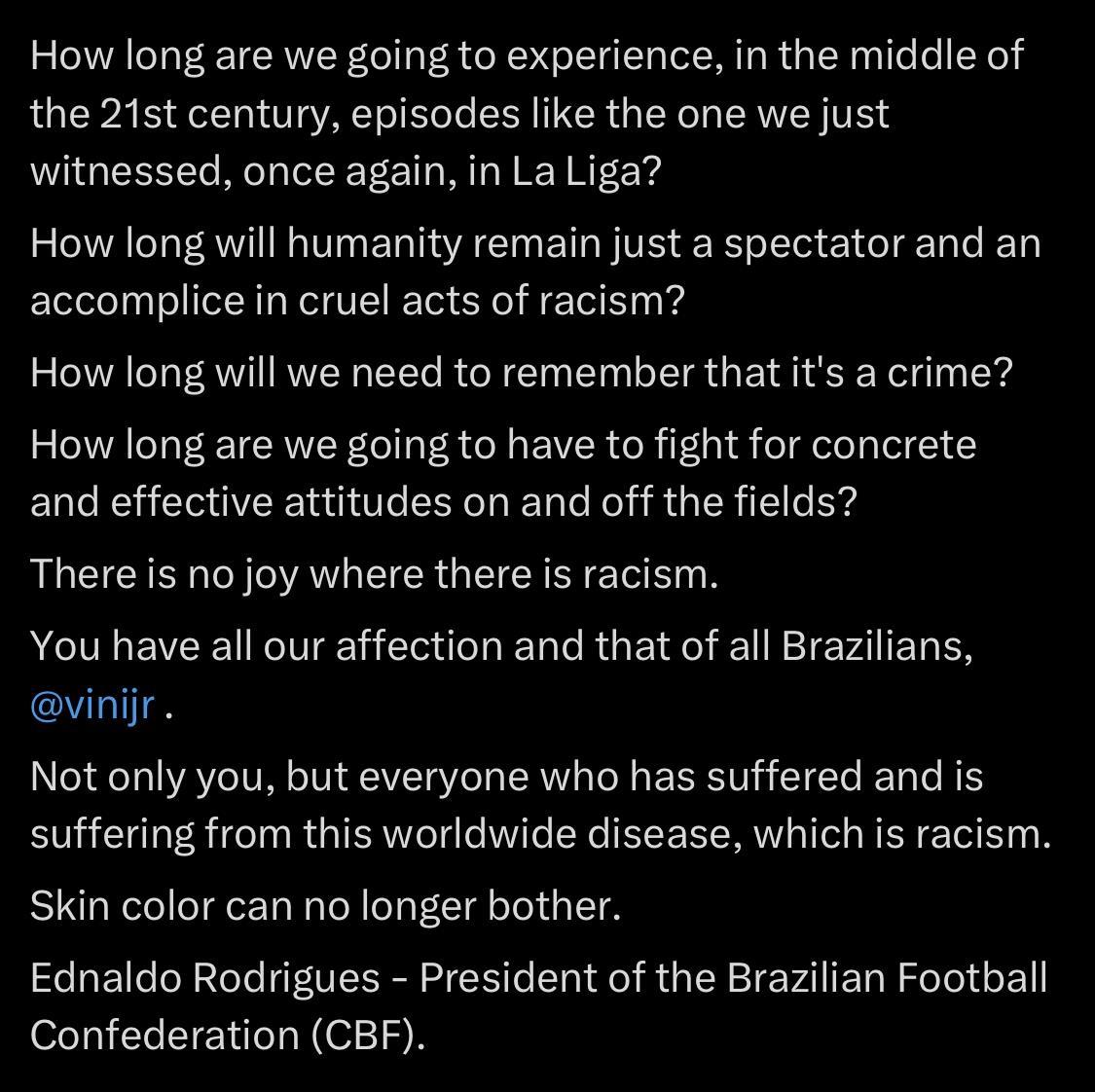 巴西足协主席声援维尼修斯：你的身后有我，有千万巴西人民支持