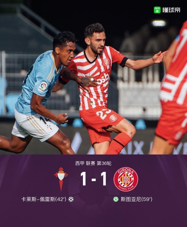 塞尔塔1-1赫罗纳，卡莱斯-佩雷斯破门，斯图亚尼点射建功