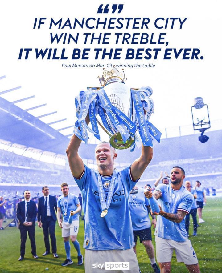 阿森纳名宿保罗-默森表示，如果本赛季曼城获得三冠