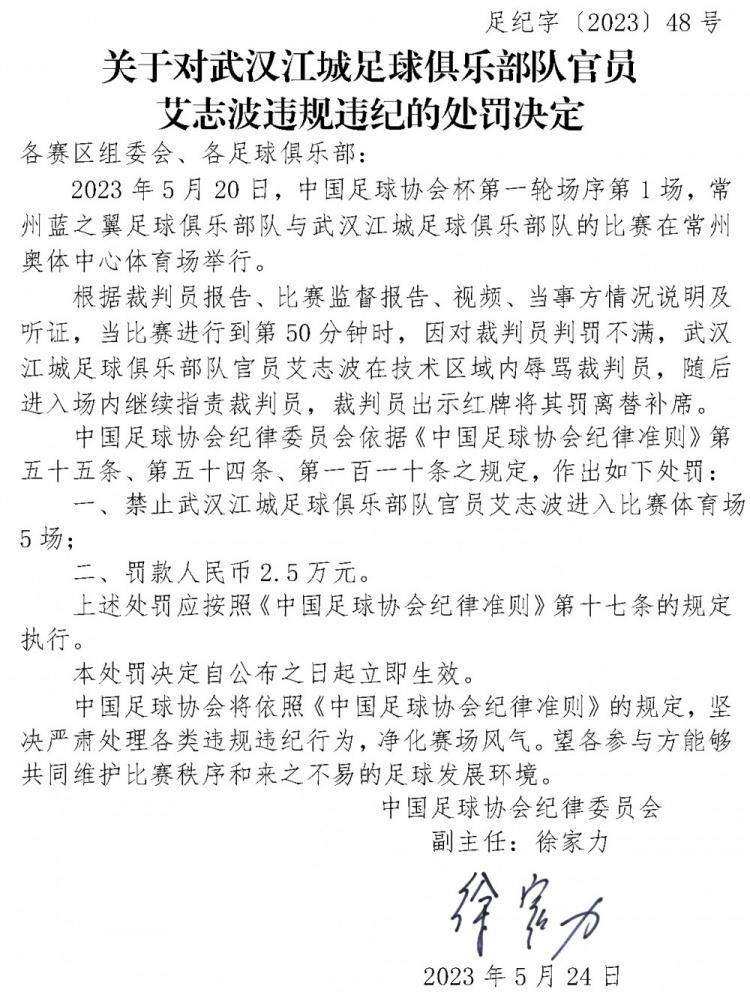 辱骂并进入场内指责裁判，武汉江城官员艾志波停赛5场、罚款2.5万