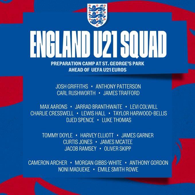 英格兰U21欧青赛初选名单：科尔维尔、埃利奥特、