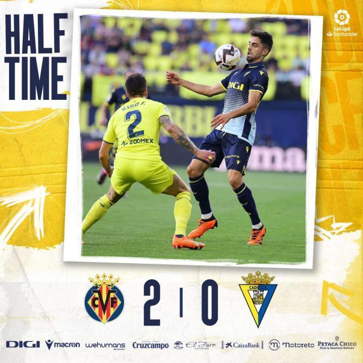 上半场比赛结束，比利亚雷亚尔2:0加的斯。上半时