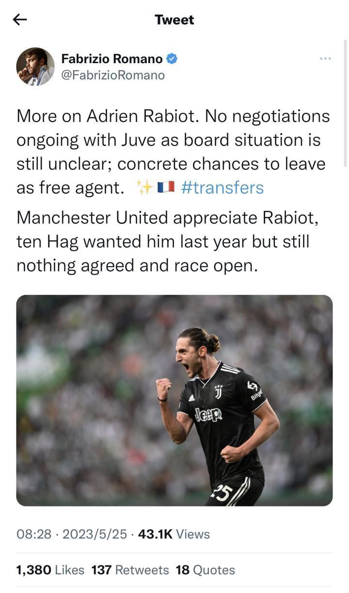 罗马诺谈拉比奥转会：由于董事会的情况尚不明确，尤