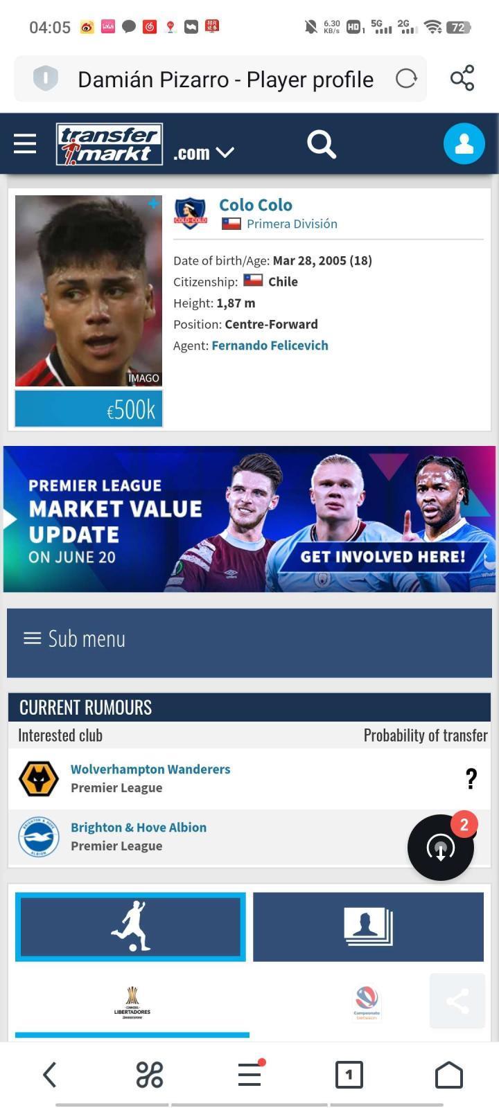 德转官网显示，科洛科洛的19岁智利中锋达米安·皮