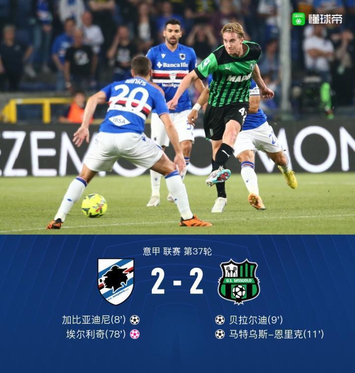 桑普2-2萨索洛，加比亚迪尼破门，贝拉尔迪扳平，恩里克头槌