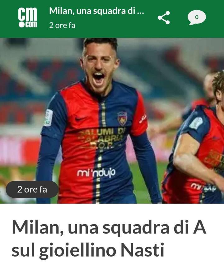 AC米兰外租小将纳斯蒂在意乙保级附加赛首回合打入