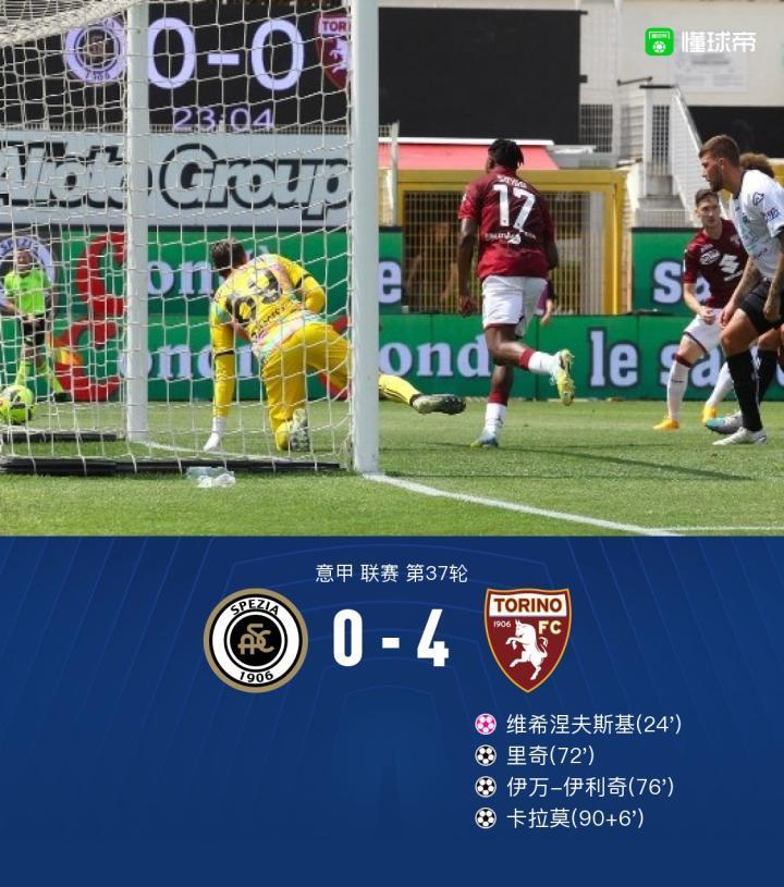 斯佩齐亚0-4都灵，先赛一场领先降级区1分，弗拉希奇两助攻