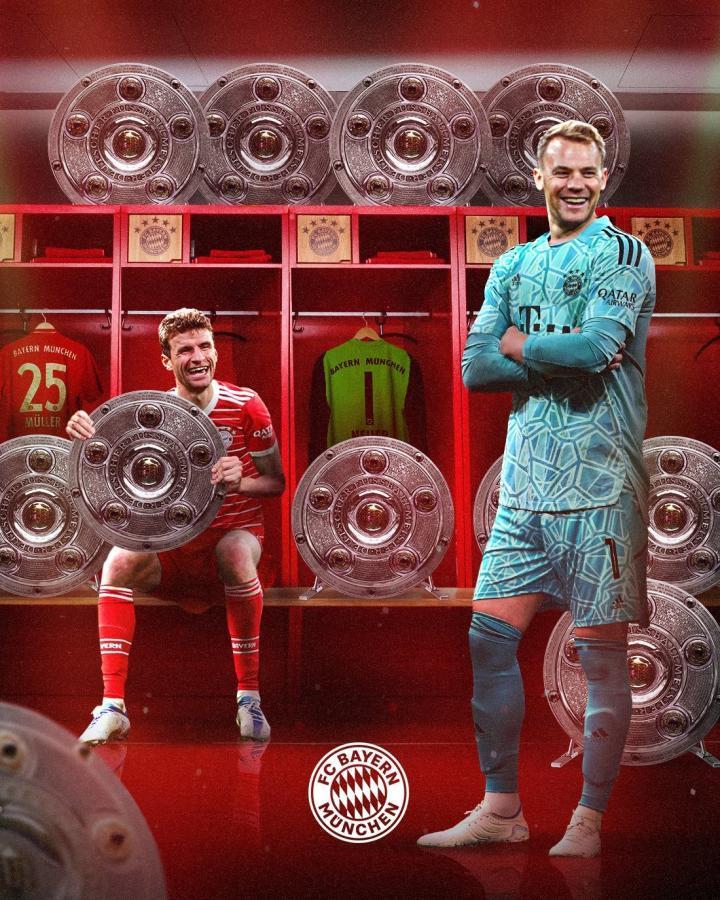 完整亲历德甲11连冠的功臣，拜仁晒穆勒、诺伊尔海报