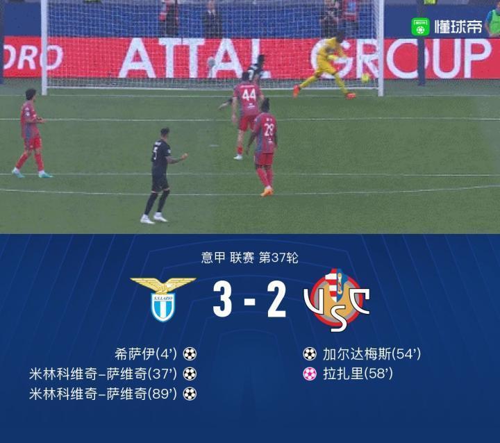 拉齐奥3-2克雷莫内塞重回积分榜第二，米林科维奇双响 绝杀