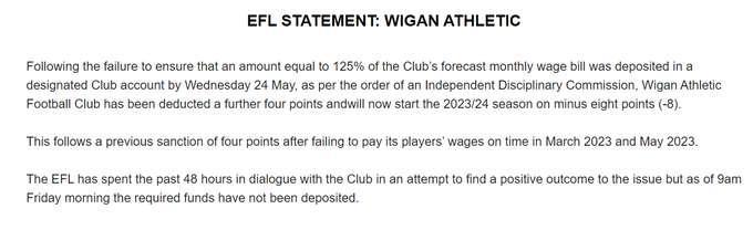 EFL官方声明：维冈竞技再被扣除4个积分，下赛季