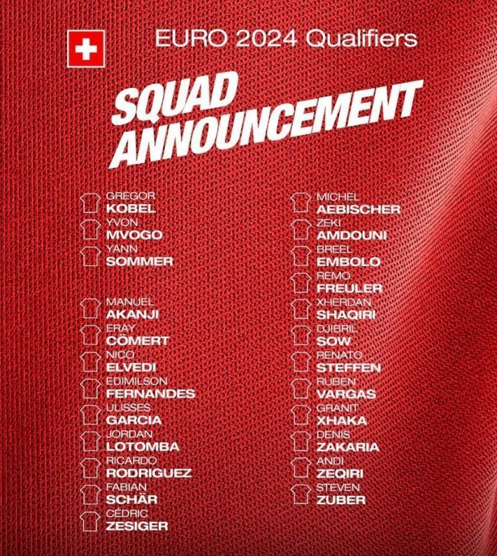 瑞士欧预赛大名单：索默、阿坎吉、沙奇里和扎卡领衔
