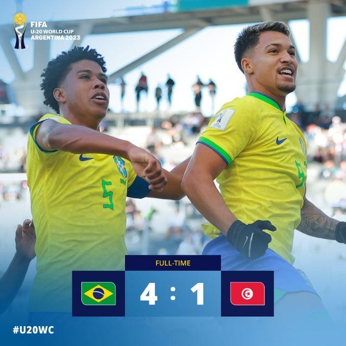U20世界杯-蓝军小将桑托斯双响 十人巴西4-1突尼斯进8强战以色列