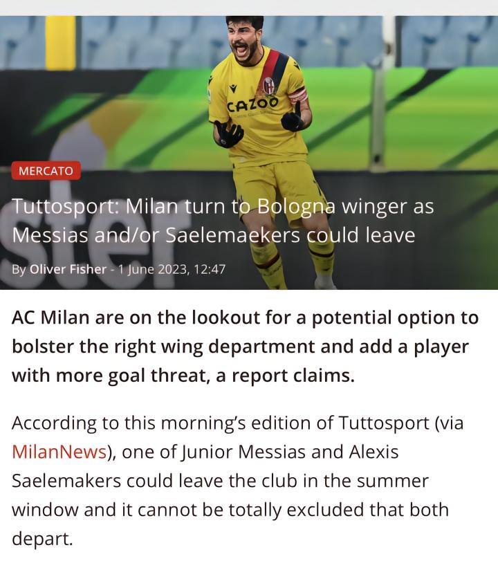 Tuttosport：米兰转向博洛尼亚边锋奥尔索