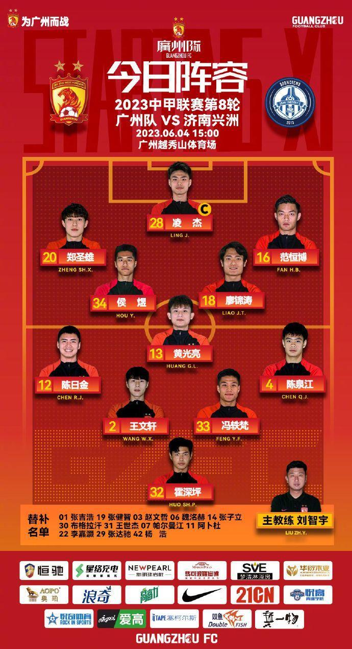 中甲-广州vs济南兴洲首发：凌杰、郑圣雄先发，帕尔曼江替补