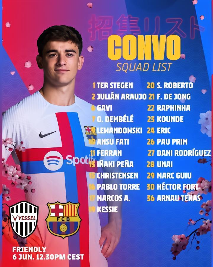 巴萨战神户大名单：莱万领衔，加维穿6号，胡利安-阿劳霍在列