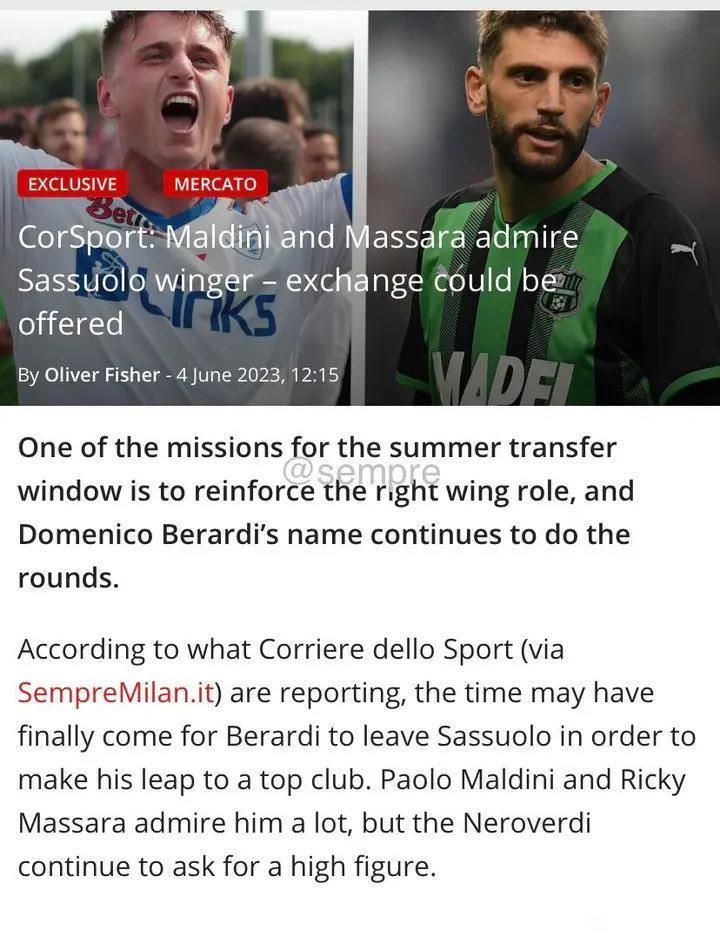 CdS：二马非常欣赏贝拉尔迪，萨索洛要价15-1