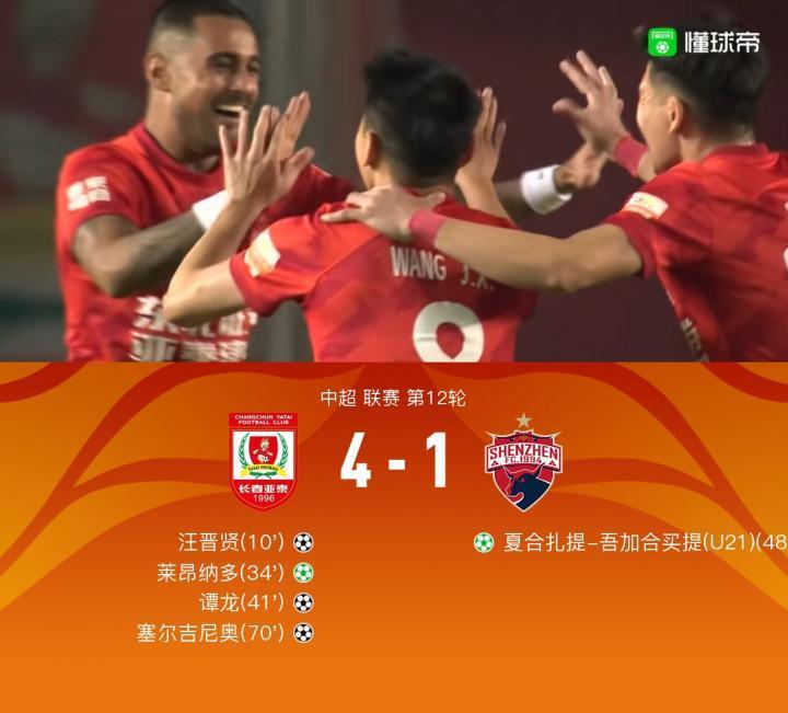 亚泰4-1深圳，莱昂纳多传射，汪晋贤、谭龙、塞尔吉尼奥破门