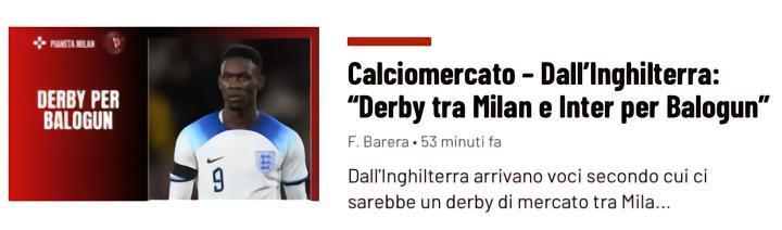 每日邮报：国米和罗马将与米兰争夺巴洛贡伊布在米兰