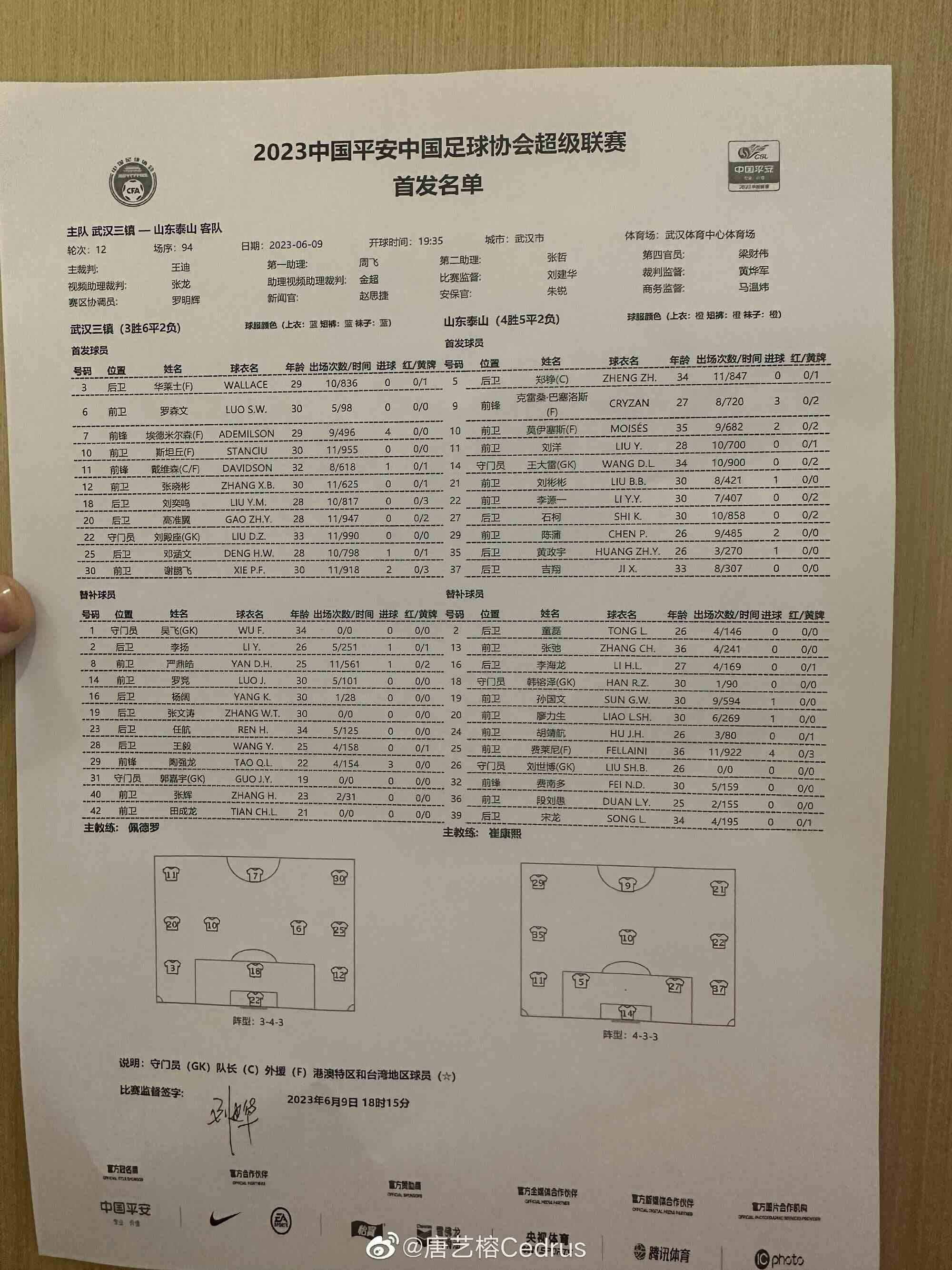 三镇vs泰山首发：斯坦丘、克雷桑先发，费莱尼替补，韦世豪伤缺