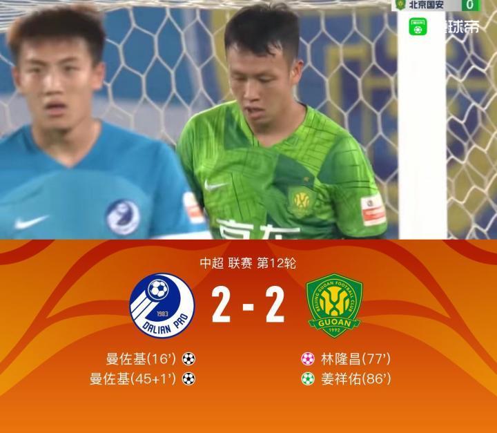 大连2-2憾平国安连续11轮不胜，曼佐基双响，林隆昌自摆乌龙