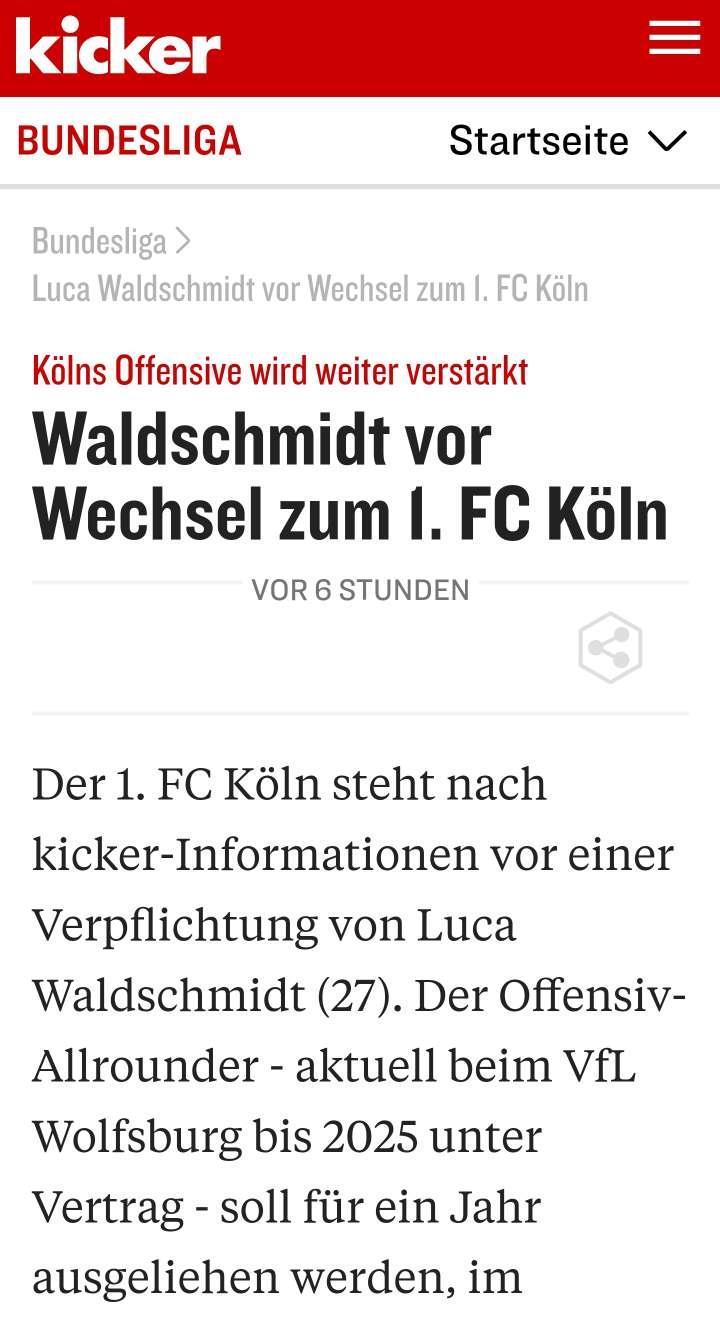 踢球者消息，科隆有意沃尔夫斯堡前锋瓦尔德施密特，