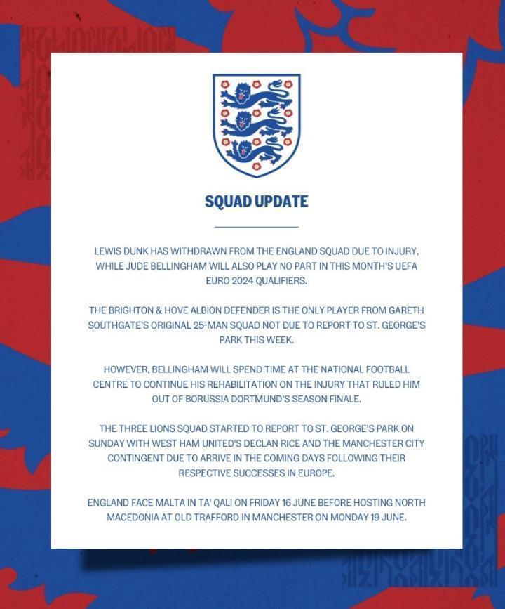 英格兰队官方：邓克因伤退出集训，贝林厄姆将缺席本月欧预赛