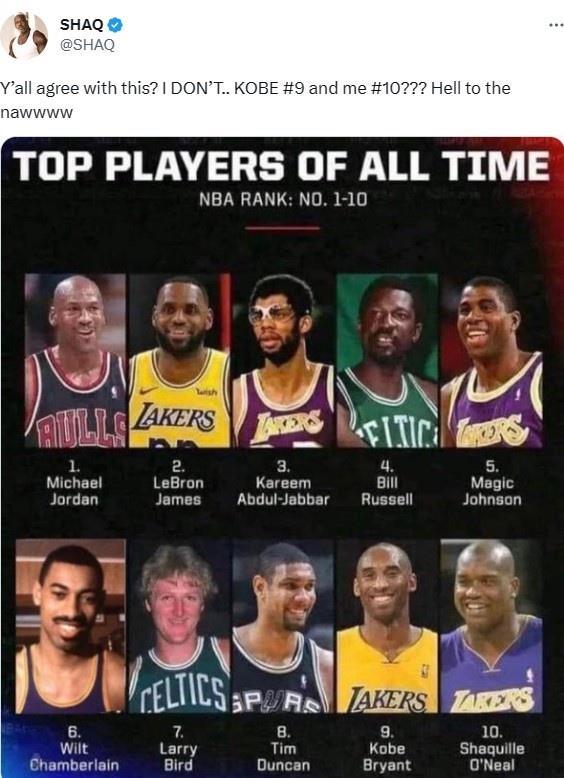 NBA历史TOP10科比九奥胖十？奥尼尔：我不同意 见鬼去吧