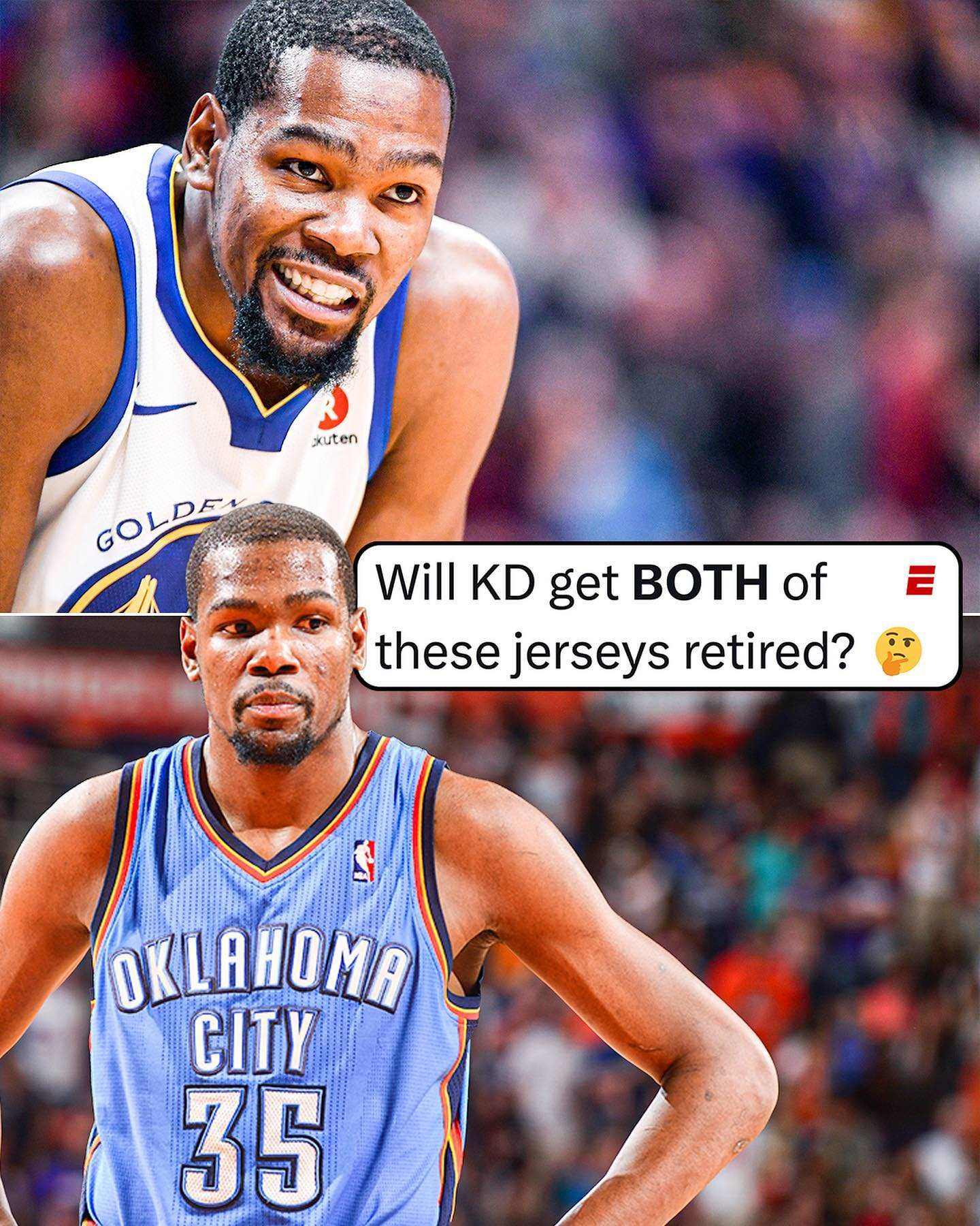 美媒ESPN发问：KD会让雷霆和勇士同时为其退役球衣吗？