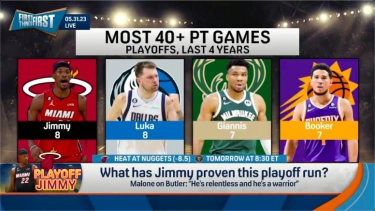 巴特勒近四年季后赛共8次砍40  与东契奇并列联盟最多！