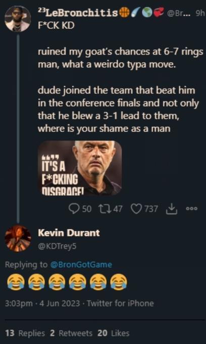 詹蜜：法克 KD葬送了历史第一人拿6-7个戒指的机会 KD回复：