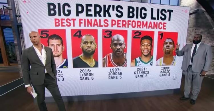 帕金斯排总决赛历史Top5单场表现：魔术师第一 乔丹流感之战第三