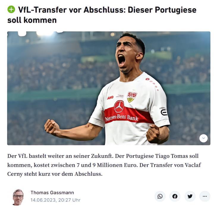 来自WAZ的消息，狼堡正与葡萄牙体育就蒂亚戈·托