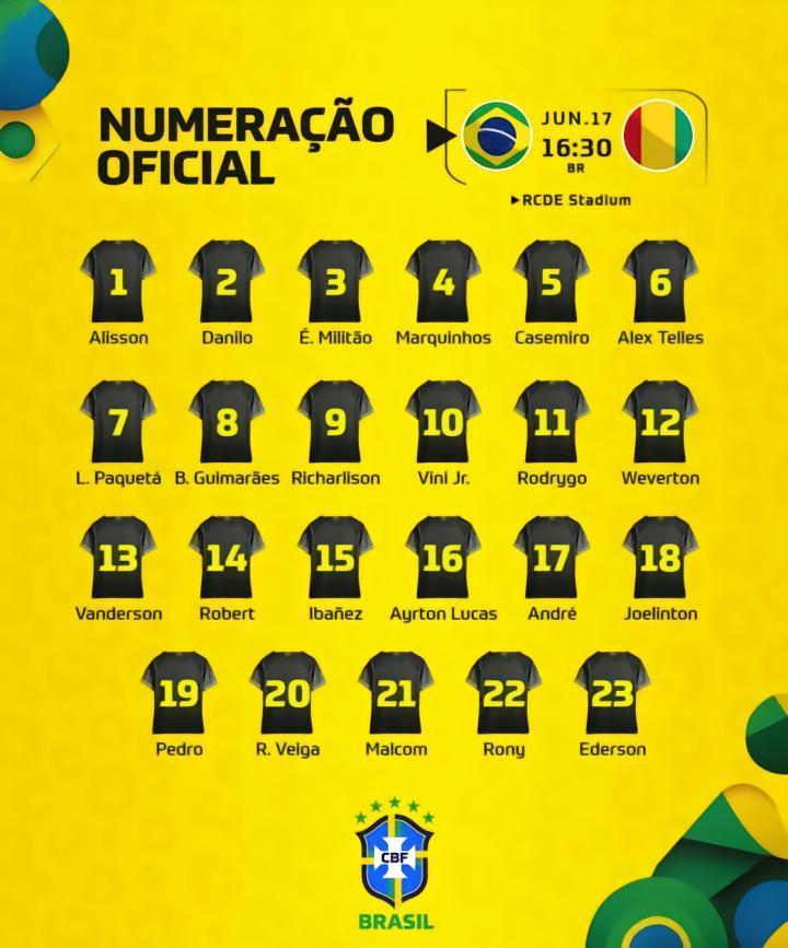 巴西国家队公布球衣号码：维尼修斯10号，帕奎塔7号