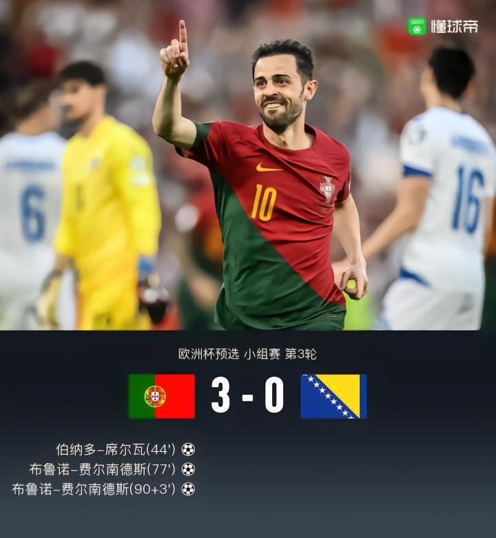 葡萄牙3-0波黑，B费两射一传，B席建功，C罗头槌破门越位无效