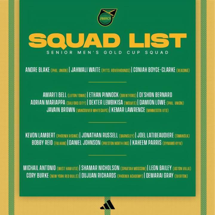 牙买加金杯赛大名单：安东尼奥、贝利、格雷领衔