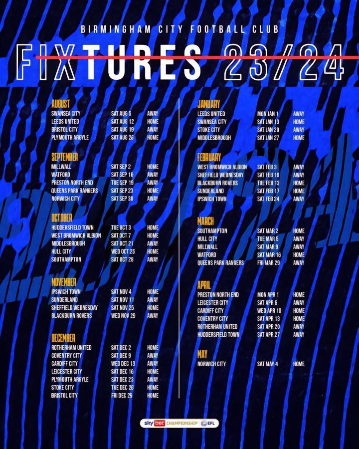 伯明翰英冠赛程：揭幕战天鹅，末轮迎金丝雀，12月战蓝狐