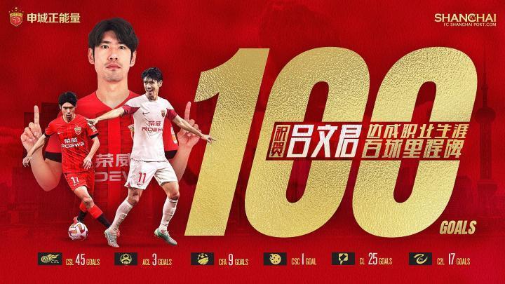 吕文君达成俱乐部生涯百球里程碑，海港官方发海报送祝贺