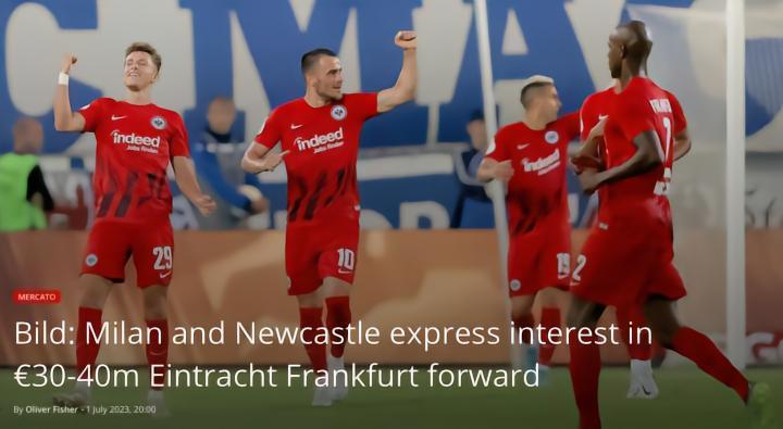 图片报：米兰和纽卡对林德斯特伦感兴趣，法兰克福要