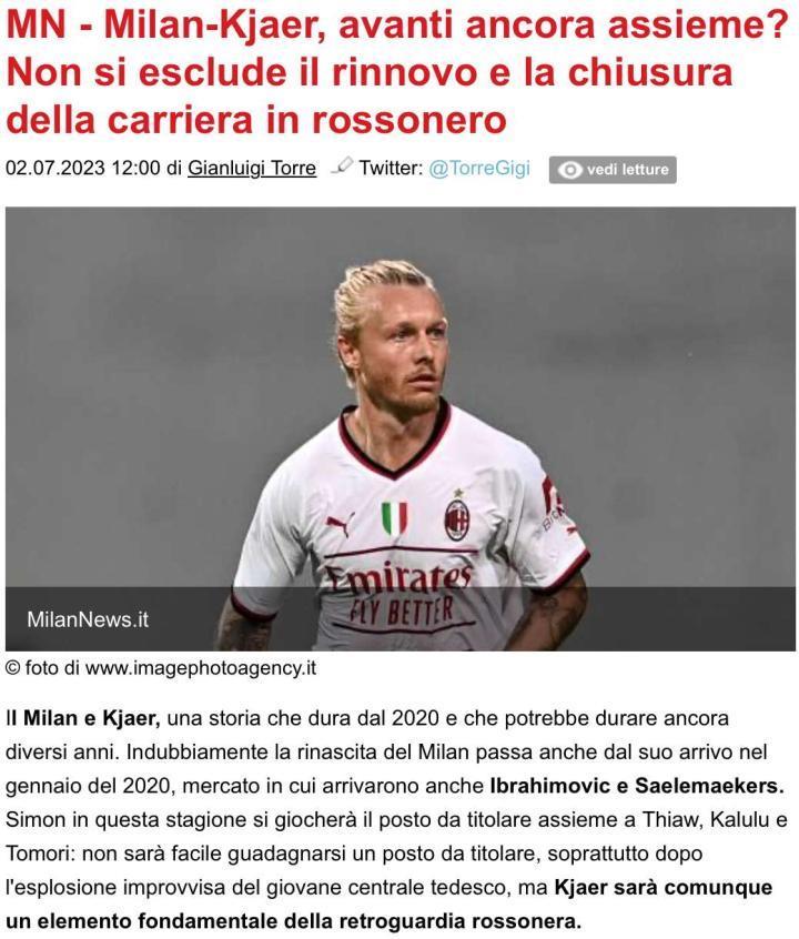 MN：米兰可能与克亚尔续约一年，他的目标是在米兰