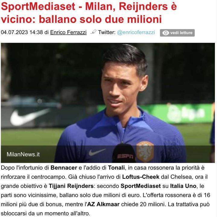 SportMediaset：米兰接近签下赖德尔斯