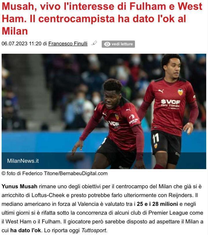 Tuttosport：穆萨搁置了富勒姆和西汉姆联