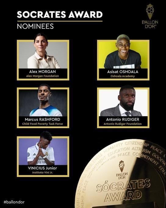 2023苏格拉底奖候选：维尼修斯、拉什福德、吕迪格等5人入围